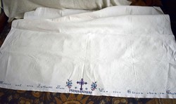Antik német keresztény keresztszemes hímzett szöveges vászon terítő lepedő oltárterítő ravatal