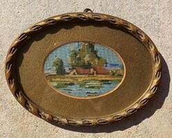 Antik gobelin miniatúra ovális kép