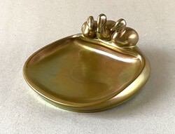 PAJZSPECSÉTES ARANY EOZIN SZÍNŰ ZSOLNAY PORCELÁN ÉKSZERTARTÓ TÁLKA 3 KACSA SZOBORRAL