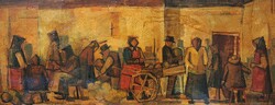 Várkonyi János (1947-): Piac (olajfestmény, zománchatású lakkozással) életkép, békéscsabai festő