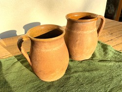 Régi vintage népi cserépedény két lekváros bödön, köcsög mázas edény füles korsó cserépkorsó