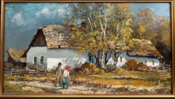 Puskás Imre " Tanya Elött " Olajfestmény 50 x 90 cm + keret  méretben