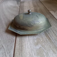 Üvegbetétes antik ezüstözött vajtartó/kaviártartó (13,5x10,3x6 cm)
