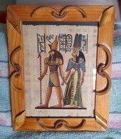 Egyiptomi papirusz képek, bambusz keretben üveglap mögött, pozdorja hátlappal.