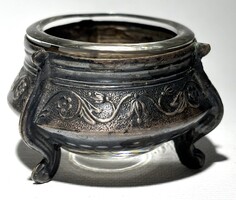 Ezüstözött kétrészes (fém, üveg) fűszertartó az 1800-AS évekből! Hibátlan!