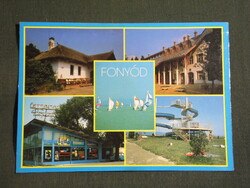 Képeslap,Fonyód,mozaik,szálló,Hotel,Lidó étterem presszó,csárda,strand látkép,részlet, 1988-