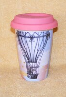 Hőlégballonos, flamingós porcelán pohár szilikon tetővel
