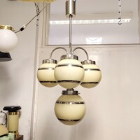 Art deco - Streamline - Bauhaus 3 karos, 4 égős nikkelezett csillár felújítva - krémszínű gömb búrák