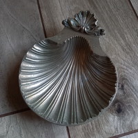 Pompás régi ezüstözött kagyló formájú kaviártartó/kínáló tál (15,2x12,5x4 cm)