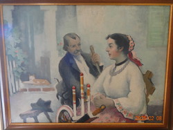 Pécsi-Pilch Dezső: Családi jelenet az udvaron - festmény (78 x 58 cm)