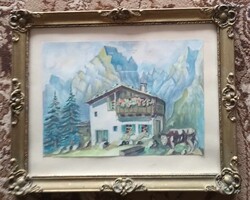 Régi akvarell festmény - Alpesi ház tehénnel - blondel keretben
