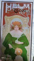 Szecesszió Alfonz Mucha stílusú üveg kép réz keretes  dekoráció ablakra is 29 cm x 11,5 cm