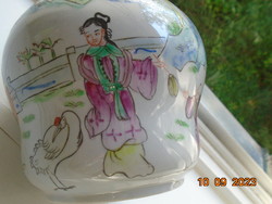 Kézzel festett ,kézzel jelzett kínai fedeles váza vidéki életképekkel