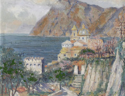 Mediterrán öböl a város előtt - olajkép