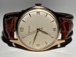 14K Rosé arany gyári tokos 1958-as Doxa saját gyári dobozában, szép számlap, Hirsch szíj 35 mm k.n.