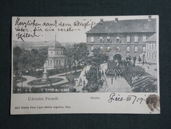 Képeslap,Pécs,Sétatér részlet,KIOSZK,emlékmű,fúvószenekar felvonulás,Fürst Lipót Pécs kiadás,1908-