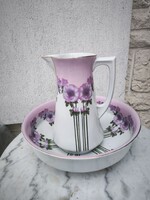 Gyönyörű Cseh Mosdó kancsó lavor készlet 2db Szecessziós Cseh porcelán Virág kaspó, Vizes kancsó