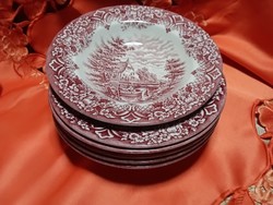 Angol jelenetes porcelán mély tányér,  6 db., pink