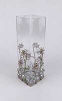 1U786 Modern szögletes üveg váza virágváza fém keretben 25.7 cm