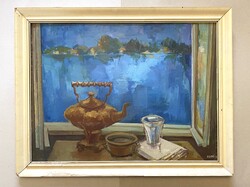 FEGYÓ BÉLA (1943-) RÁCKEVEI DUNA ÁG, TEAFŐZŐ CSENDÉLETTEL - OLAJ, FAROST KÉPCSARNOKOS TÁJKÉP FESTMÉN