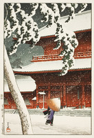 Régi japán fametszet havas téli utca pagoda ernyős alak fenyő shin hanga ázsiai reprint nyomat kép