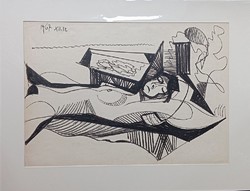 Litkey György: Fekvő akt - eredeti szénrajz 1967-ből!