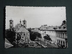 Képeslap,Gyöngyös,Lenin út,Szovjet hősi emlékmű,park,templom látkép részlet, 1962-