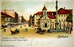 Budapest - Kerepesi út és Rókus kórház  - antik litho képeslap 1901  'Pénz előleg' reklám a tűzfalon