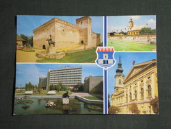 Képeslap,Gyula,mozaik,Vár,várfürdő strand,üdülő,szálló,városháza,templom látkép,részlet, 1985-