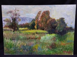 Monos József - Őszi fák alkonyatkor olaj, farost festmény 50x70 cm
