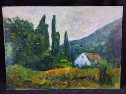 Monos József - Kisház a hegy alatt olaj, farost festmény 50x70 cm