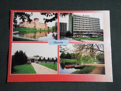 Képeslap,Gyula,mozaik,vár,csónakázó tó,üdülő,szálló,hotel,strand látkép,részlet, 1988-