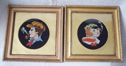 Gobelin kézi hímzés dohányzó páros kép art-deco hangulatú cigarettázó nő és pipázó férfi dekoráció