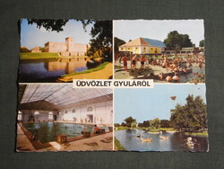 Képeslap,Gyula,mozaik,Vár,csónakázó tó,várfürdő strand látkép,részlet, 1972-