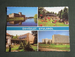 Képeslap,Gyula,mozaik,Vár,várfürdő strand,üdülő,szálló látkép,részlet, 1985-