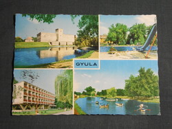 Képeslap,Gyula,mozaik,Vár,csónakázó tó,várfürdő strand,üdülő,szálló látkép,részlet, 1972-