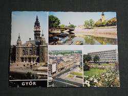 Képeslap,Győr,mozaik,Székesegyház,rába part,híd,városháza,utca látkép,részlet,1975-