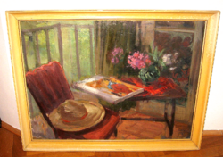 GYÖNYÖRŰ ID.SZÉKÁCS ZOLTÁN / 1921 -1983 / FESTMÉNY: ENTERIŐR KALAPPAL