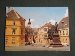 Képeslap,Győr,Köztársaság tér,Altabak ház,Kisfaludy Károly szobor,utca látkép,részlet,1972-