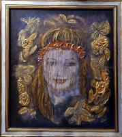 Virágos mosoly.55x60 cm-es zománckép, arannyal, Prima díjas művésztől, tanúsítvánnyal. Károlyfi/1952