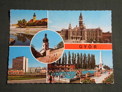 Képeslap,Győr,mozaik,Székesegyház,strand,városháza,iskola látkép,részlet,1978-
