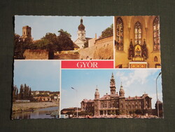 Képeslap,Győr,mozaik,városháza,Rába part,püspökvár,templom látkép,részlet,1982-