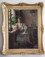 Festmény, Pap Emil, Lány muskátlis ablakban