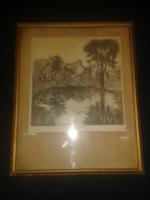 Remsey Jenő (1885-1970): Faluvége. Rézkarc, keretben