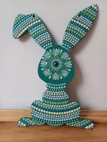 Türkiz Kajla fülű nyúl ajtódísz kopogtató, kézzel festett, 30x19cm