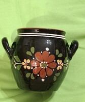 Régi kézzel festett Hódmezővásárhelyi kívül fekete, belül barna mázas kerámia,1980-ból