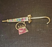 Vintage gobelin esernyő, napernyő táska retikül róza virág hímzett bross kitűző