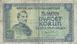 20 korun korona 1945 Csehszlovákia Nem perforált 2.