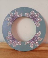 ÚJ! Szürke lila rózsaszín koszorú mandala díszítéssel, kézzel festett, 19cm
