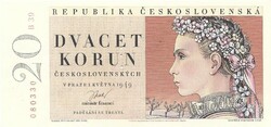 20 korun korona 1949 Csehszlovákia UNC három pici lyuk